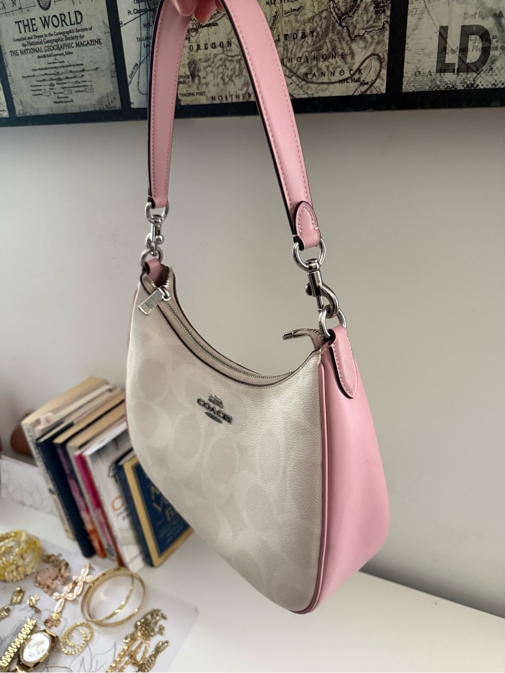 Coach Pink Trim Signature Canvas Hobo Shoulder Bag